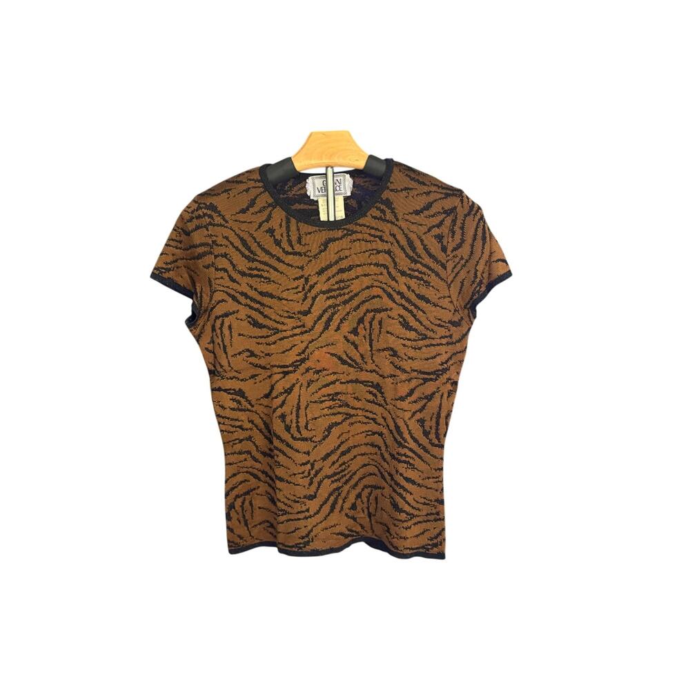 Gianni Versace  Vintage Brown Tiger Print Short Sleeve Knit Top – 42
